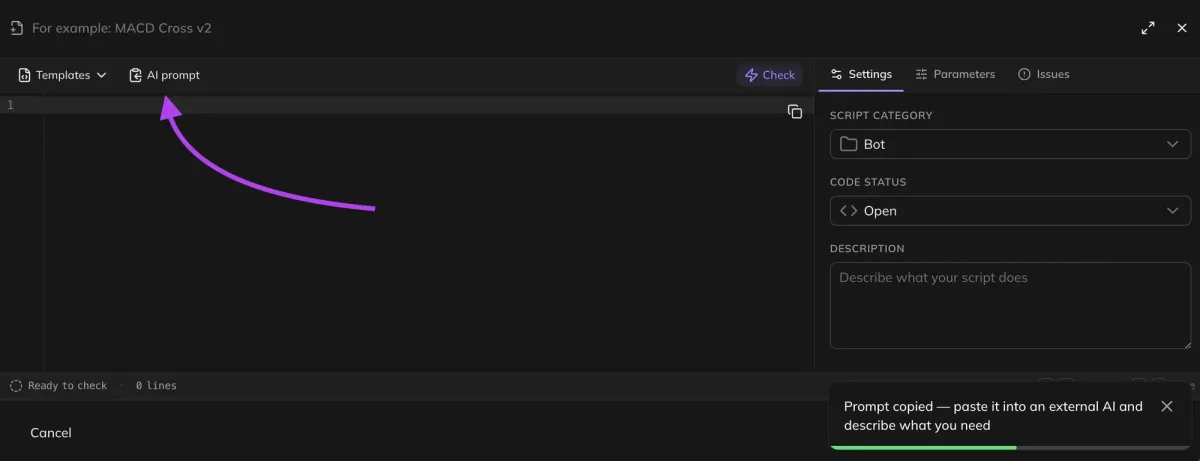 The “AI Prompt” button in the script editor