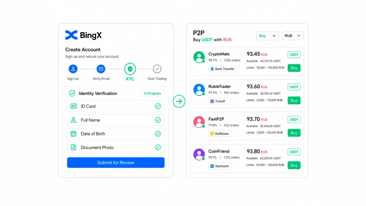 How to create an account on BingX, complete verification, and buy USDT for rubles via P2P
