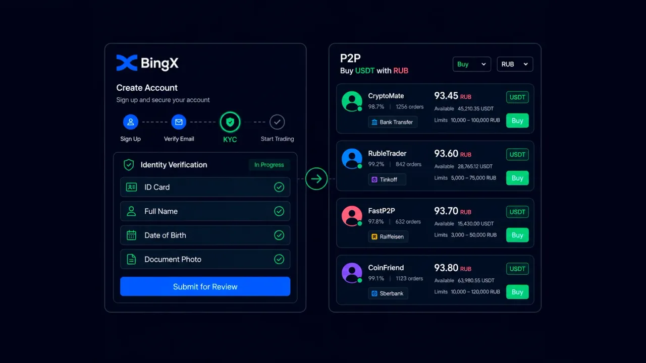 How to create an account on BingX, complete verification, and buy USDT for rubles via P2P