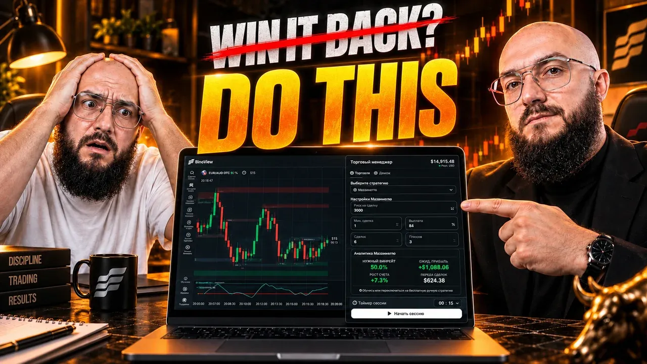 The BinoView trade manager panel: the "Martingale" strategy, first trade $1, multiplier 2.2, six steps, the table of amounts per step and a required balance of $93.67.