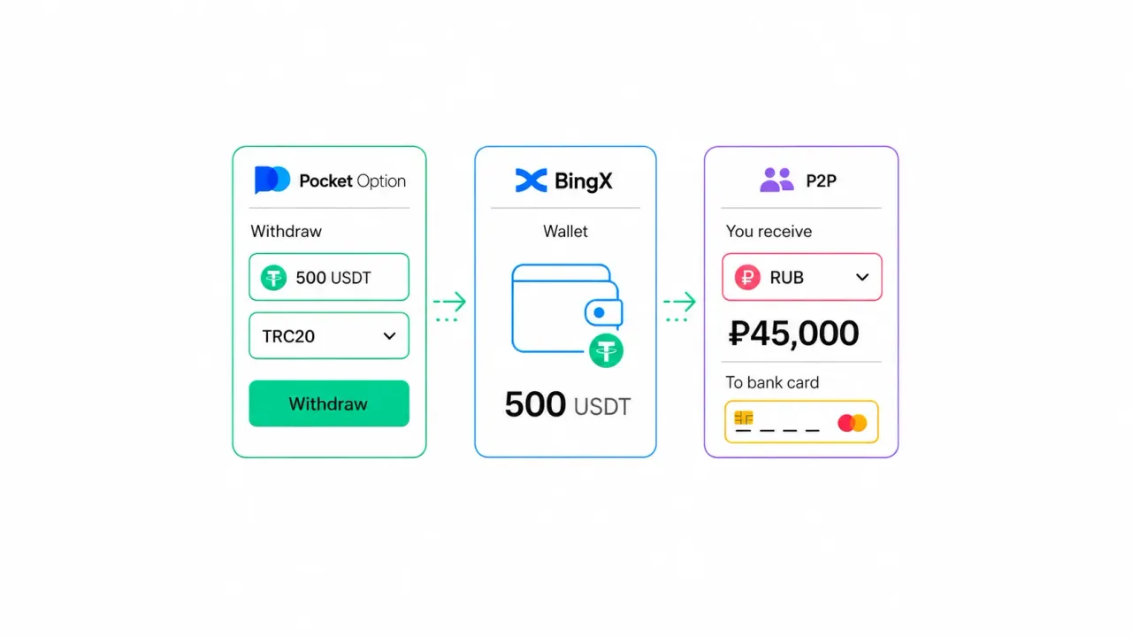 Как вывести деньги с Pocket Option на биржу BingX и обменять криптовалюту на рубли