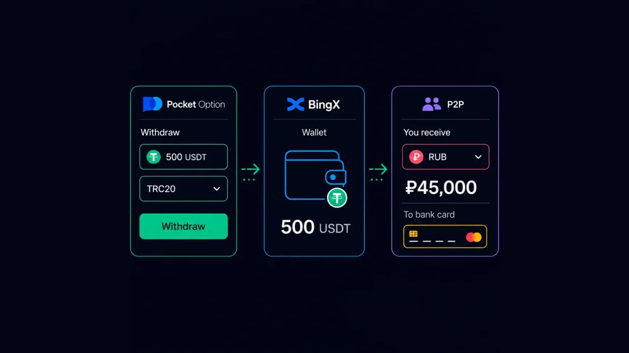 Как вывести деньги с Pocket Option на биржу BingX и обменять криптовалюту на рубли