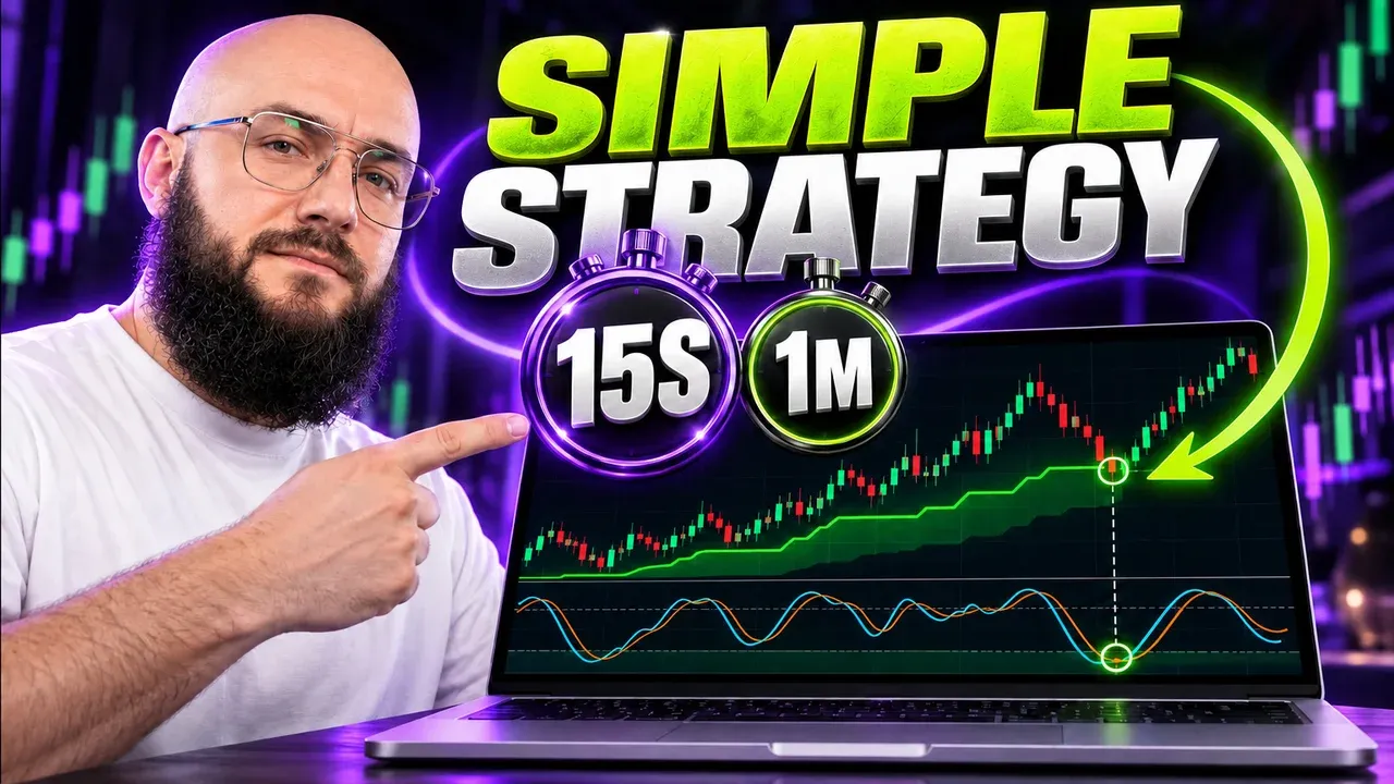 BinoView Supercharts: a 15-second chart with a green SuperTrend line under an upward move, the Stochastic in the lower panel crossing up out of the oversold zone, the asset list on the right.