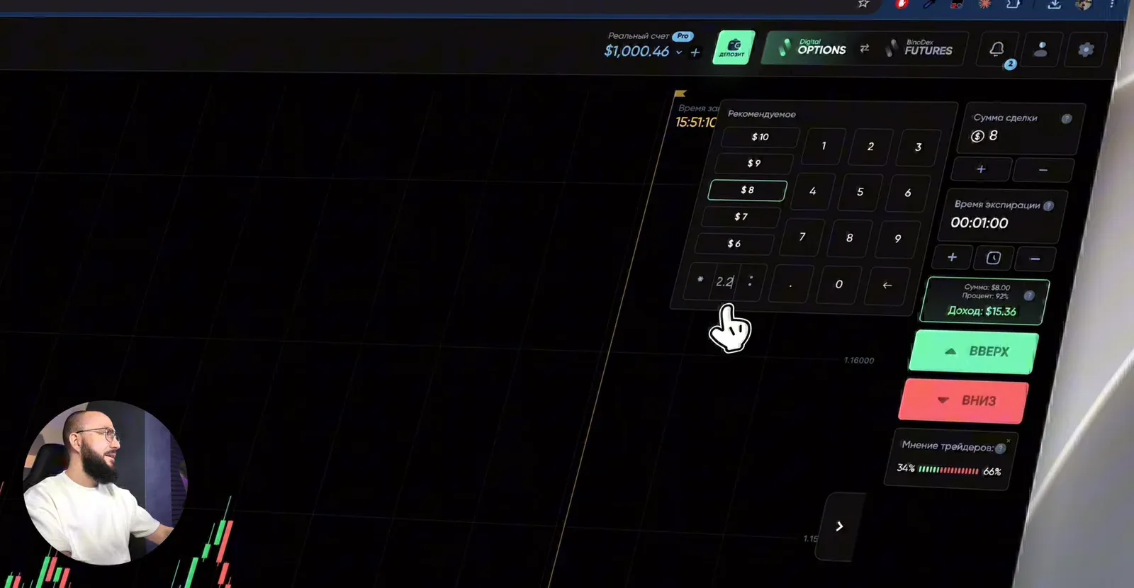 The amount field with a numeric keypad and the multiplier in the BinoDex trade panel