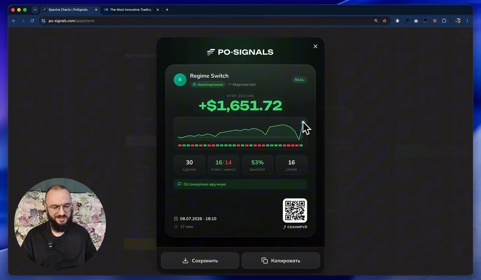 Итог сессии: +1 651,72 $, 30 сделок, 16 плюсов и 14 минусов, винрейт 53%