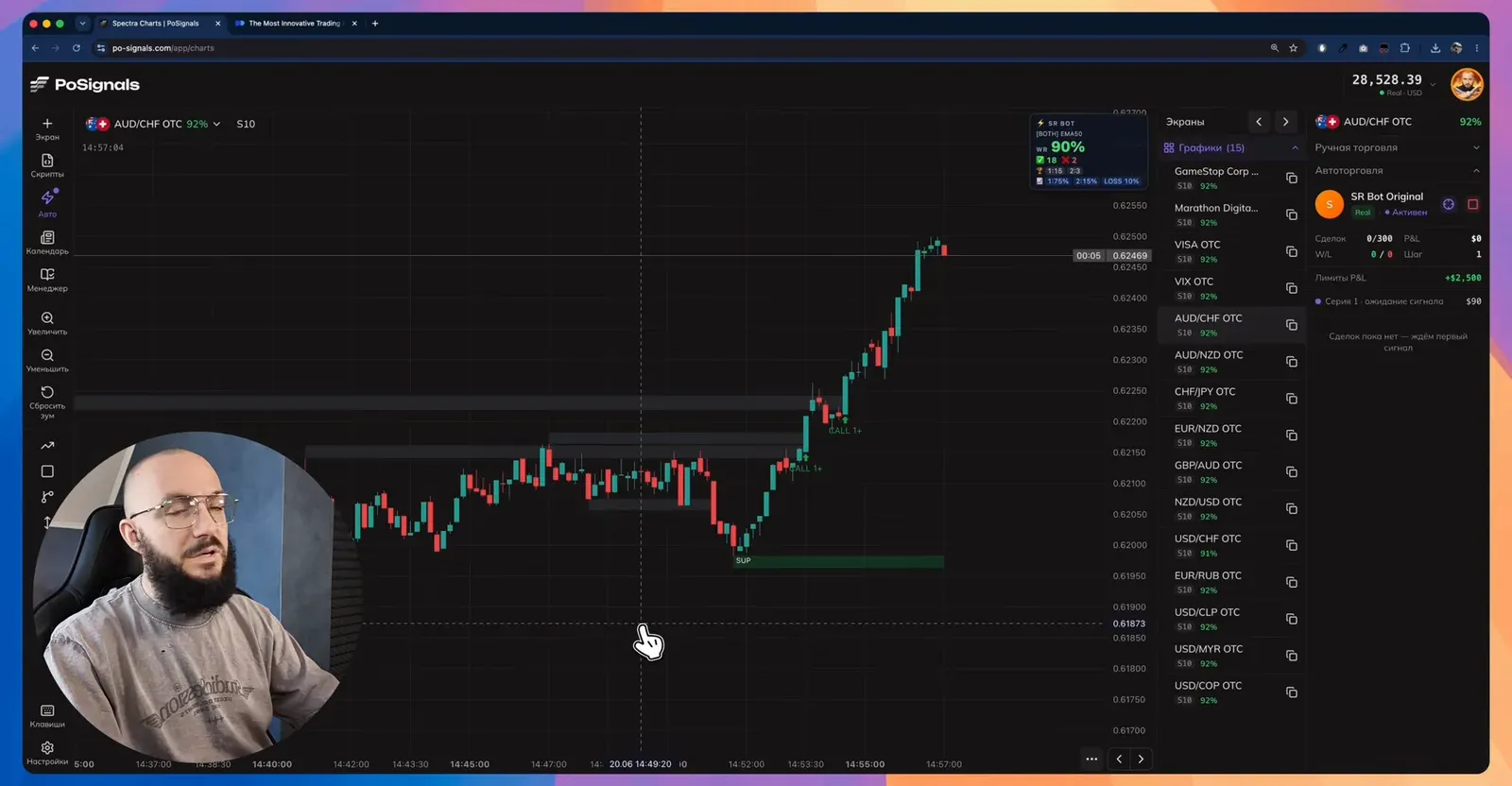 График AUD/CHF OTC на S10 с запущенным ботом и карточкой винрейта 90%