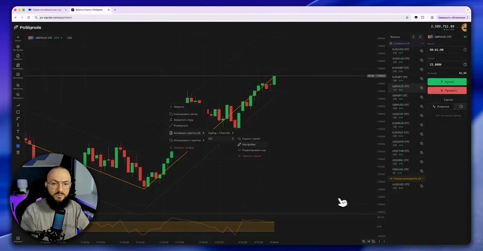 Активные скрипты на графике: ZigZag + Channels и CCI, переход к настройкам через правый клик